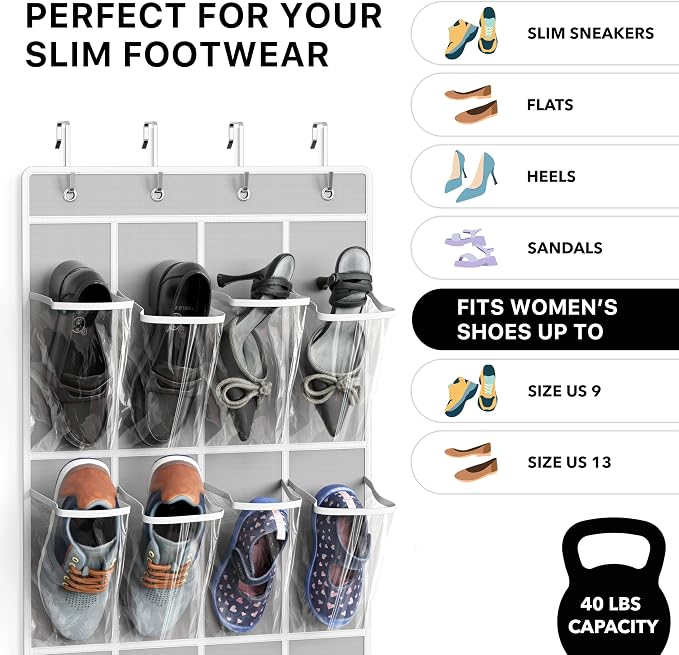 Simple Houseware 24 Pockets - Crystal Clear Over The Door Hanging Shoe Organizer, Gray (64'' x 19'') - Image 4