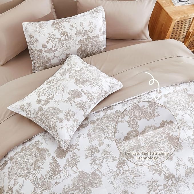 DJY Khaki Comforter Set Full Size,7 Pieces Bed in a Bag Botanical Comforters with Sheets Elegant Plants Print Soft Microfiber Reversible Complete Bedding Sets for All Season