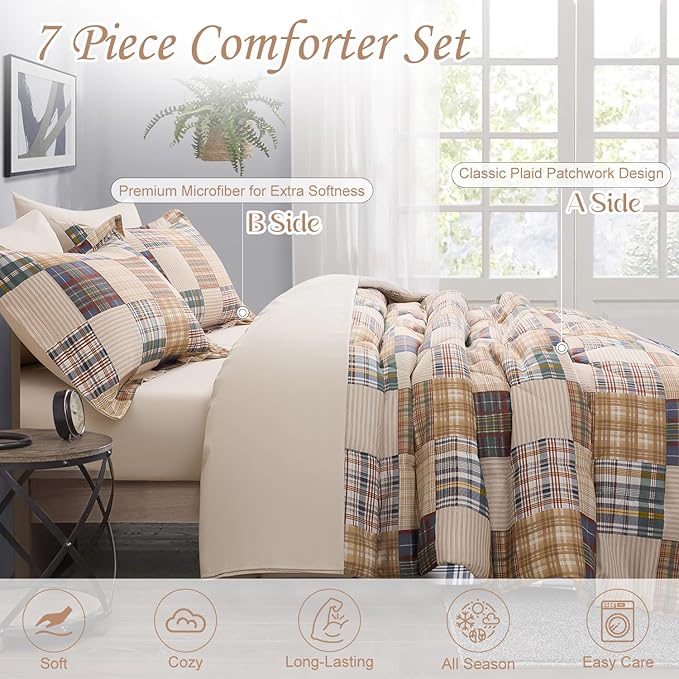 Comforter Set King Size Plaid Patchwork Comforter Bedding-7 Piece Bed in a Bag,Soft Fluffy Reversible Microfiber Bedding Set(1 Comforter,1 Flat Sheet,1 Fitted Sheet,2 Pillowcases,2 Pillow Shams)Beige