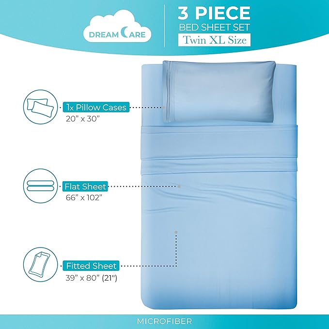 DREAMCARE Twin XL Sheet Sets - 3 pcs Breathable Cooling Bed Sheets - up to 21" Extra Deep Pocket Twin XL Sheets Set with Side Pockets - Extra Soft 100% Brushed Hypoallergenic Hotel Luxury - Blue