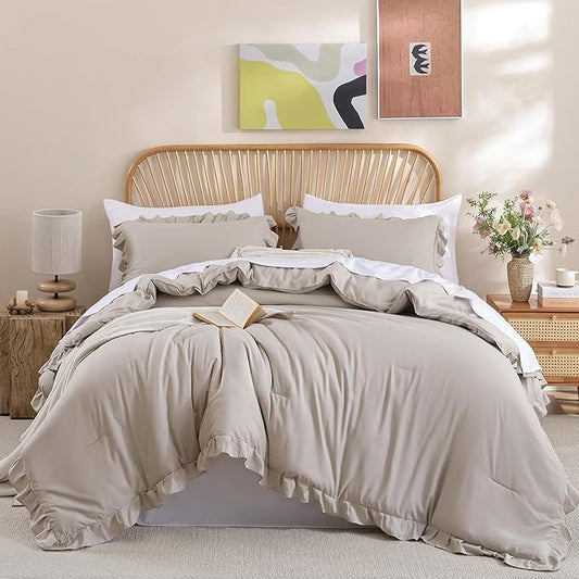 JANZAA Queen Comforter Set Oatmeal Comforter for Queen Size Bed 3PCS (1 Ruffle Comforter and 2 Pillowcases) Vintage Shabby Chic Bedding Soft Fluffy Comforter Set All Season