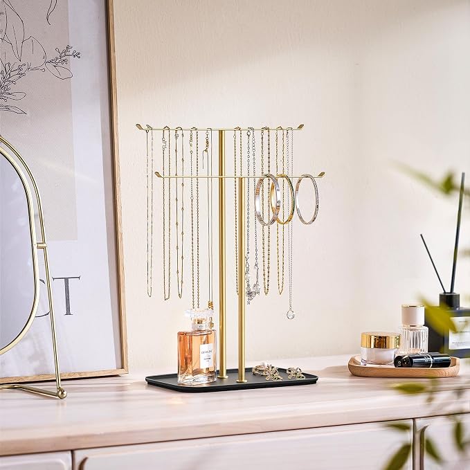 pickpiff Necklace Holder Jewelry Organizer Stand – 2‑Tier T‑Bar Jewelry Display Tree with Tray for Countertop Necklace Bracelet Earring Storage, Vanity Dresser Bathroom Sink, Black-Gold - Image 2