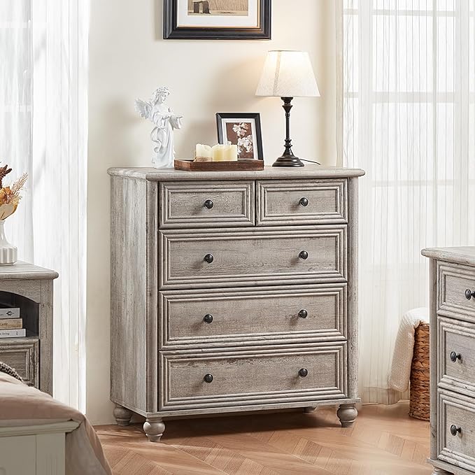 RWYHG Farmhouse 5 Drawer Dresser for Bedroom Set of 2, 35.5" Tall Small Dressers & Chest of Drawers, Rustic Wood Dresser with Roman Column, Storage Organizer for Living Room, Hallway, Closet (Grey)