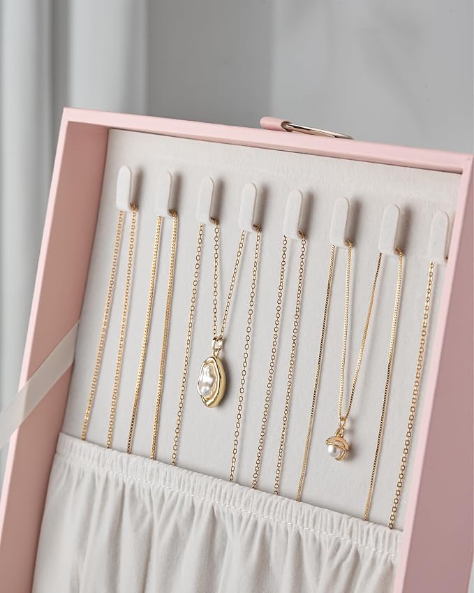 pickpiff 2 Layer Jewelry Box Organizer for Women, Jewelry Organizer with Handle & Removable Tray, Necklace Holder Ring Earring Storage, Velvet Lined Jewelry Case for Home or Travel, Gift Ready, Pink - Image 3