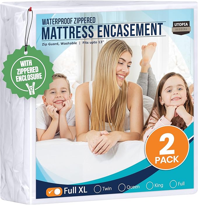 Utopia Bedding Mattress Protector Zippered Full XL Size (Pack of 2), 100% Waterproof Bed Bug and Dust Mite Proof Mattress Encasement, Absorbent 6 Sided Mattress Cover