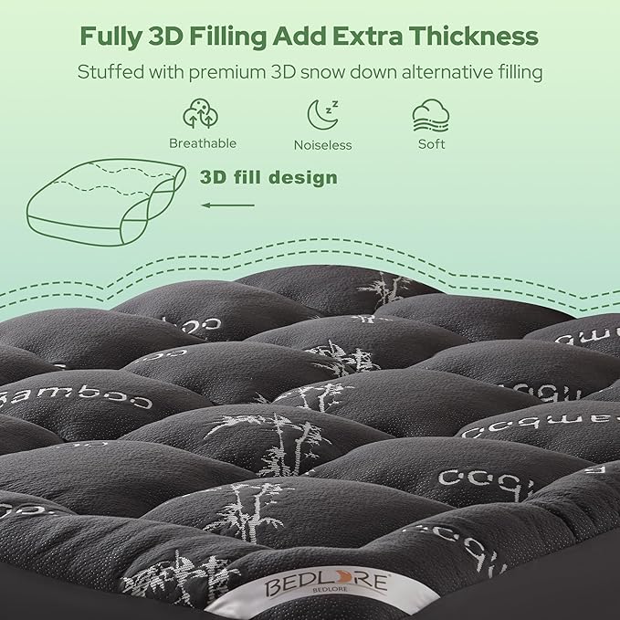 BEDLORE RV Queen Mattress Topper Viscose Derived from Bamboo,Pillow Top Mattress Pad with Stretchable Pockets for 6"-15" Mattress, Soft Breathable Mattress Topper for Back Pain Relief(Dark Gray)