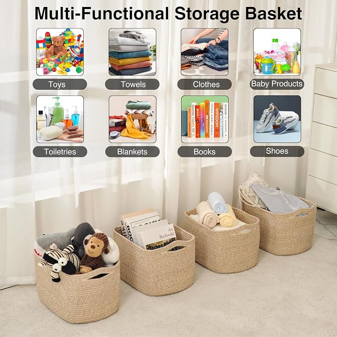 ICERZCZ Storage Baskets for Organizing & Shelves, Woven Cotton Rope Organization Bins for Dog Toys, Clothes, Books, Nursery Organizer, 15" Lx11''Wx9.5''H, (4 Packs) Brown - Image 4