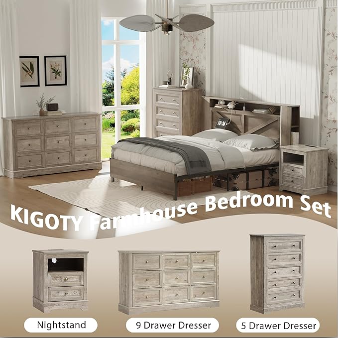 KIGOTY Farmhouse Bedroom Set, 3 Piece Bedroom Furniture Set, 9/5 Drawer Dressers,Rustic Closet Clothes Organizer, Drawer Dresser Set for Home,Grey