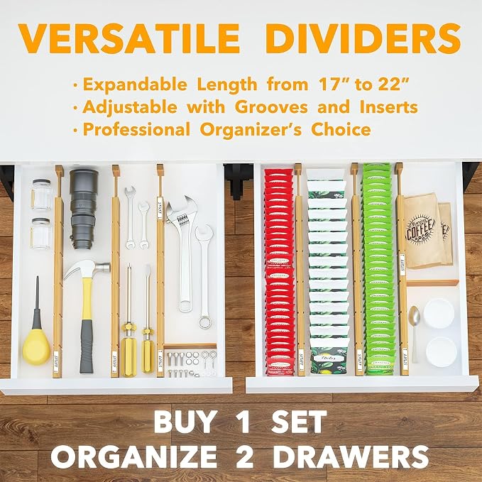 SpaceAid Bamboo Drawer Dividers with Inserts and Labels, Kitchen Adjustable Drawer Organizers, Expandable Organization for Home, Office, Dressers and Bathroom, 6 Dividers with 12 Inserts (17-22 in) - Image 7