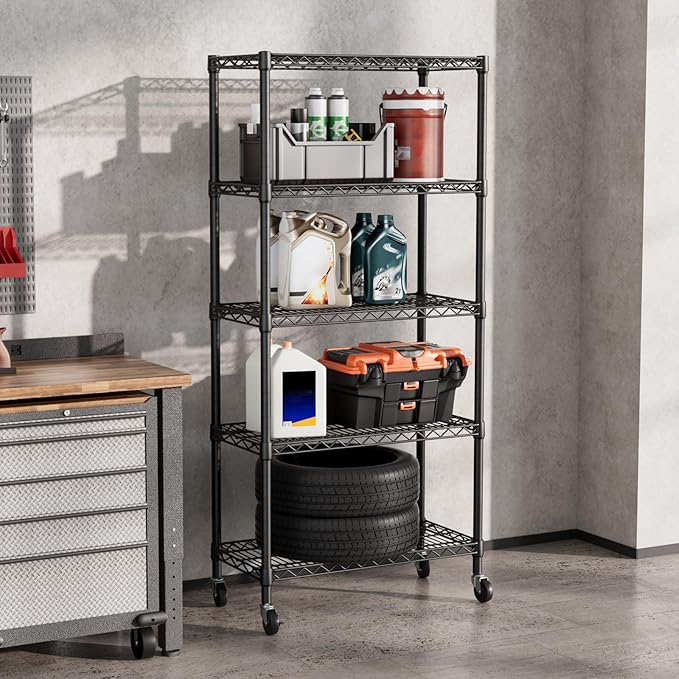 SINGAYE 5 Shelf Storage Wire Shelves Closet Bathroom Organizers Metal Pantry Kitchen Garage Shelving Unit Laundry Room Organization Home Narrow Rack Net Basket with Wheels Black - Image 6