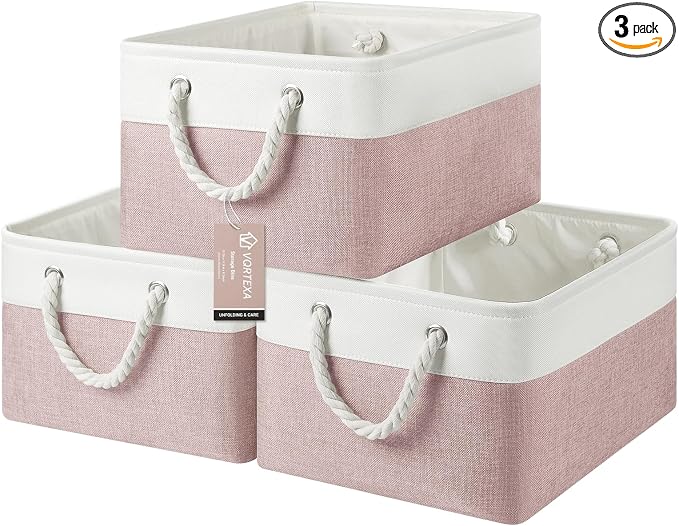 Large Storage Baskets- 15.7x11.8x8.26 inch Storage Bins for Shelves and Closet Organizing, Foldable Fabric Bin for Home Organization Clothes and Laundry (3-Pack, White&Pink) by VQRTEXAStorageBasket