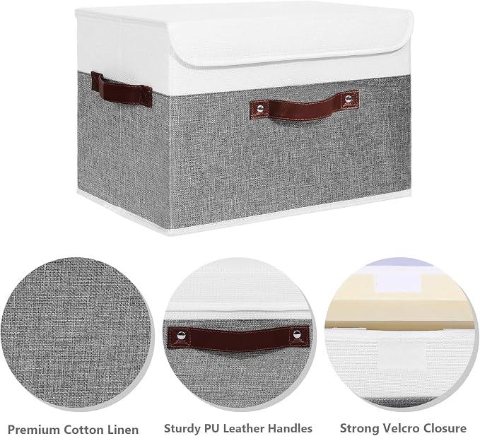 ANMINY Storage Boxes with Lids Washable Decorative Storage Bins Basket with PU Leather Handle Foldable Linen Fabric Storage Cubes Containers for Home Closet Organizer - Gray White, Large Size - Image 2