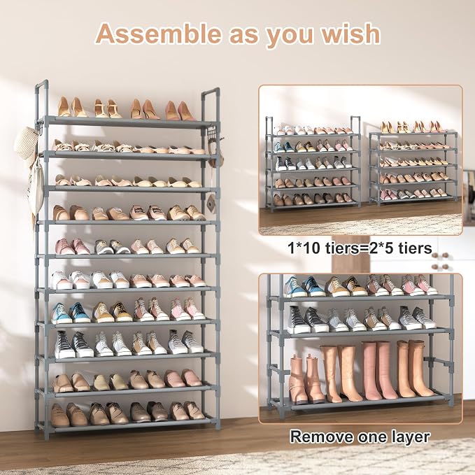 VTRIN 10 Tiers Shoe Rack Tall Large Capacity Wide Shoe Organizer Sturdy Shoe Shelf for Entryway with Two Hooks Metal Shoe Storage for Closet, Bedroom, Grey - Image 5