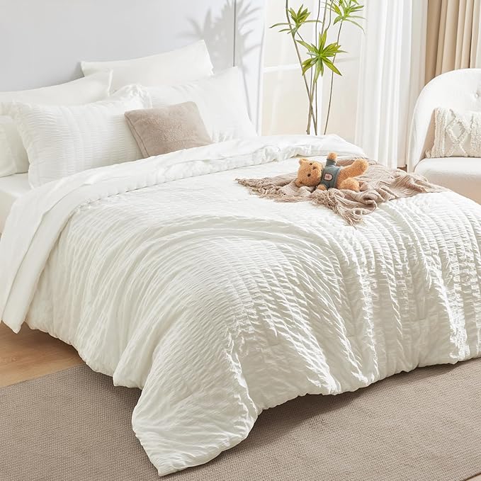 CozyLux King Size Comforter Set Ivory Seersucker 7 Pieces Bed in a Bag King Comforter Set with Sheets, Luxury Soft Bedding Sets with Down Alternative Comforter, Sheets, Pillowcases & Shams All Seasons