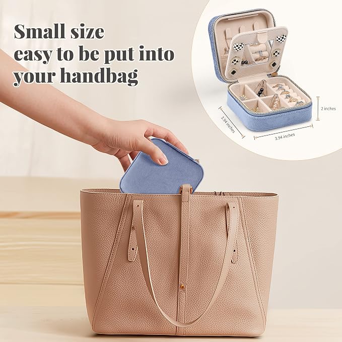 Dajasan Velvet Travel Jewelry Box, Mini Travel Jewelry Case, Small Portable Travel Jewelry Organizer Box with Mirror for Women Girls (blue), 3-layer - Image 3