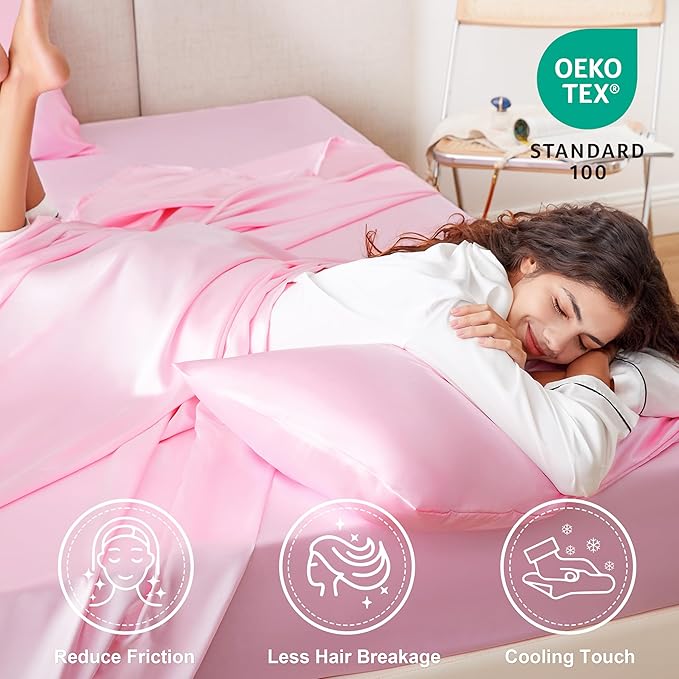 Love's cabin Satin Twin Sheets Set - 4 Piece Pink Silky Bed Sheets Set with Deep Pocket, Luxury Silk Feel Satin Twin Size Sheet Set (1 Flat Sheet, 1 Fitted Sheet, 2 Pillow Cases)