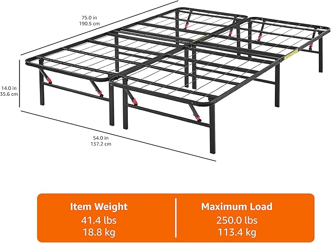 Amazon Basics Bed Frame with Ample Underbed Storage, Foldable Metal Platform, Sturdy Steel, No Box Spring Needed, 14 inches High, Noise-Free Support, Easy Assembly Tool-Free Setup, Full Size, Black