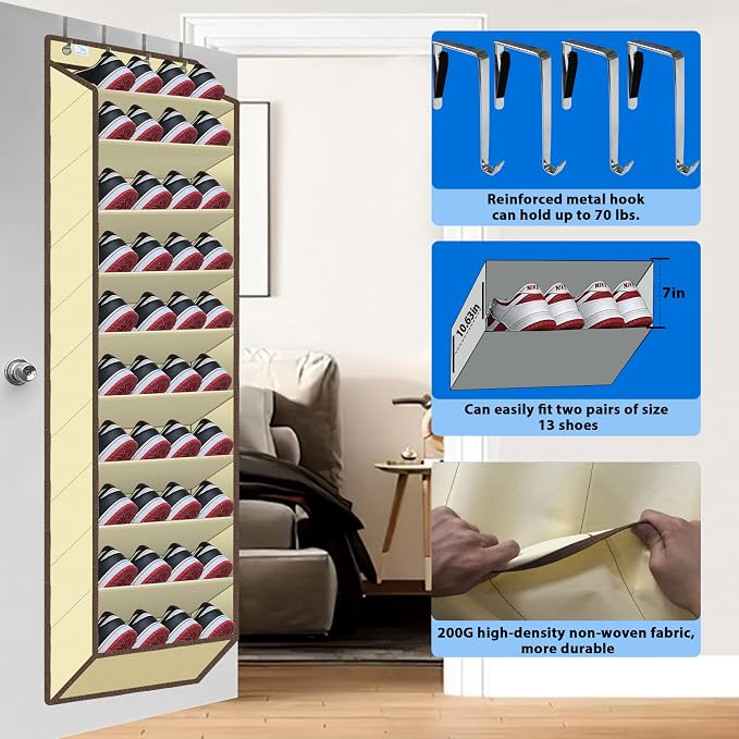 Over The Door Shoe Organizer, 70 Pounds Large Capacity, 20-30-Pair shoe organizer, Heavy Duty-Extra Deep Pockets ,Anti-Scratch Hooks & FSC-Certified Bamboo ,Engineered for Men’s Size 13 shoe,Beige - Image 3