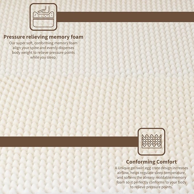 Treaton, 2-Inch Convoluted Copper-Infused Memory Foam Mattress Toppers, Cooling and Pressure Relieving with Airflow Design, Twin, Beige