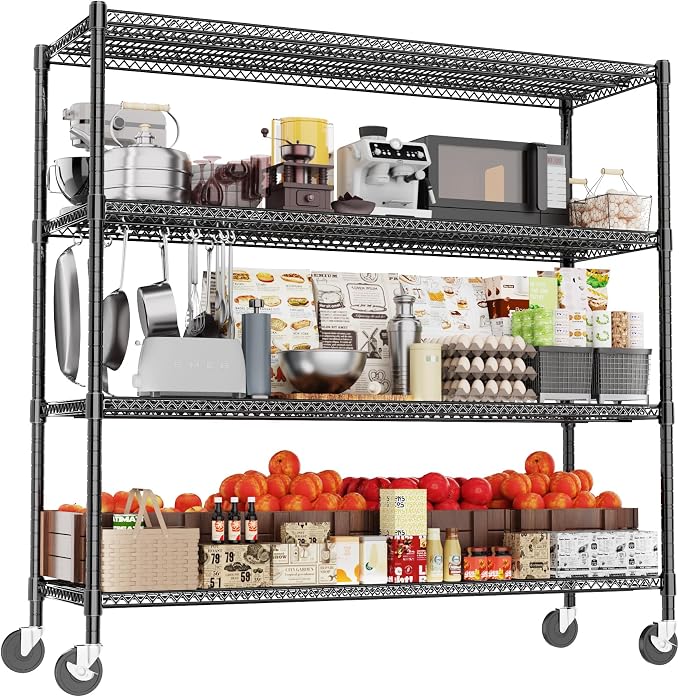 Heavy Duty Shelving, 76.2" H Garage Shelving Unit with Wheels, 4-Tier Garage Storage Shelves Metal Shelves Rack, Adjustable Industrial Shelving for Warehouse Storage, 60" W x 24" D x 76.2" H, Black by GIOTORENT