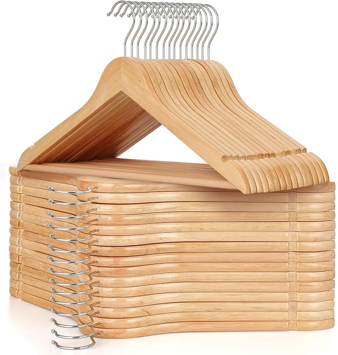 TOPIA HANGER Wooden Hangers 30 Pack, Natural Wood Clothes Hangers, Durable Coat Hanger with 360-Degree Rotatable Hook, Non-Slip Pants Bar and Shoulder Notches for Camisole Tops-CT34N30 by TOPIAHANGER