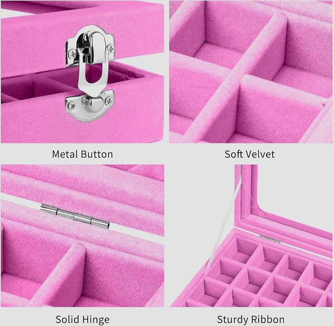 Velvet Jewelry Box 24 Grid Jewelry Earrings Display Organiser Box Ring Tray Holder Earrings Storage Case for Girls Wife Mom Women (Light Pink) - Image 4