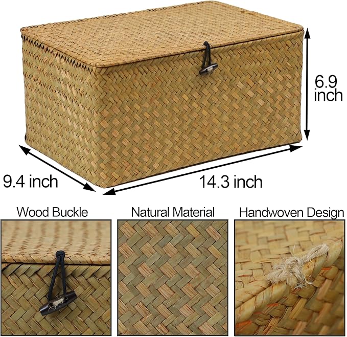 Wicker Basket with Lid, Natural Seagrass Storage Baskets for Organizing, Woven Basket for Storage, Decorative Boxes Bins with Lids Home Organizer Decor (Natural, 14.3" x 9.4" x 6.9") - Image 3