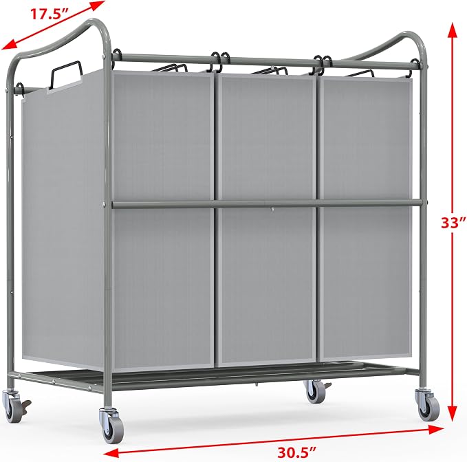 Simple Houseware Heavy-Duty 3-Bag Laundry Sorter Cart, Silver - Image 2