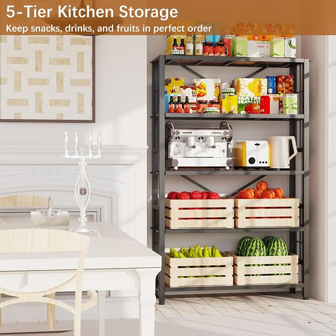 GIOTORENT 5-Tier Kitchen Storage with Wooden Boards, Heavy Duty Storage Shelves & Bookshelf, Adjustable Metal Shelving Unit for Garage Kitchen Bathroom Laundry Organizer, 1500LB Capacity, Black - Image 3