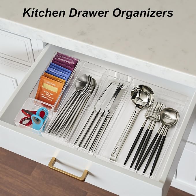 SMARTAKE 25-Piece Drawer Organizer with Non-Slip Silicone Pads, 4-Size Desk Drawer Organizer Trays Storage Tray for Makeup, Jewelries, Utensils in Bedroom Dresser, Office and Kitchen (Clear) - Image 8