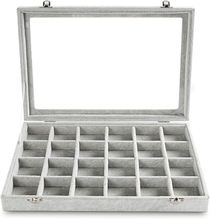 Frebeauty 24 Grid Earring Holder Organizer Tray, Jewelry Organizers and Storage for Drawer,Velvet Jewelry Display Storage for Earrings,Rings,Studs,10.5 x 6.5 x 1.2 Inches Gift for Women (Grey) - Image 4