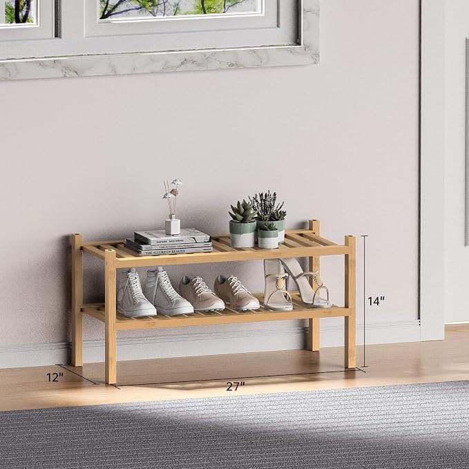 ROMGUAR CRAFT (Thick Bamboo Shoe Rack for Entryway, 2-Tier Free Standing Shoe Racks Stackable Shoe Rack Organizer for Hallway Closet Living Room 27 x12 x14 Inches - Image 3