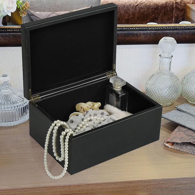 HofferRuffer Faux Leather Decorative Box, Large Wooden Structure Keepsake Box Accessory Organizer Jewelry Organizer with Hinged Lid, Storage Container for Home or Office (Black) - Image 4