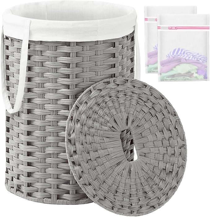 SETVSON Laundry Hamper with Lid Laundry Basket with Lid 19.0 Gal (72 L) Round Laundry Basket Handwoven Rattan Basket with Lid Removable Bag 2 Mesh Bags Handles for Living Room Bathroom Gray by SETVSON