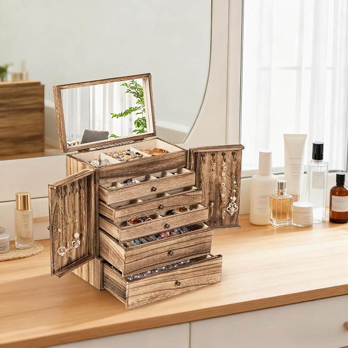 Emfogo Wooden Jewelry Box for Women, 6-Tier Large Jewelry Organizer Boxes with Mirror Rustic Solid Wood jewlery Storage Display for Rings Earrings Necklaces Bracelets watches(Carbonized Black) - Image 6