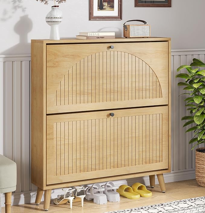 Fsbecl Shoe Storage Cabinet for Entryway with 2 Flip Drawers, Narrow Wood Shoe Cabinet with Fluted Panel, Freestanding Hidden Shoe Organizer for Foyer, Hallway (Wood Color - No Shelf) by Fsbecl