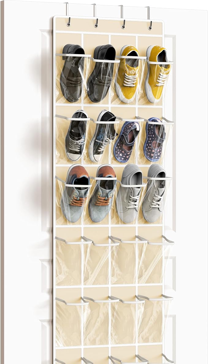 Simple Houseware 24 Pockets - Crystal Clear Over The Door Hanging Shoe Organizer, Beige (64'' x 19'') by SimpleHouseware