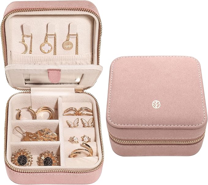 S.Leaf Travel Jewelry Organizer Boxes for Women Small Portable Necklace Earrings Bracelet Rings Travel Case Best Friend Birthday Gifts for Women Trendy (05_Suede_Touch_Dust_Pink) by SLeaf