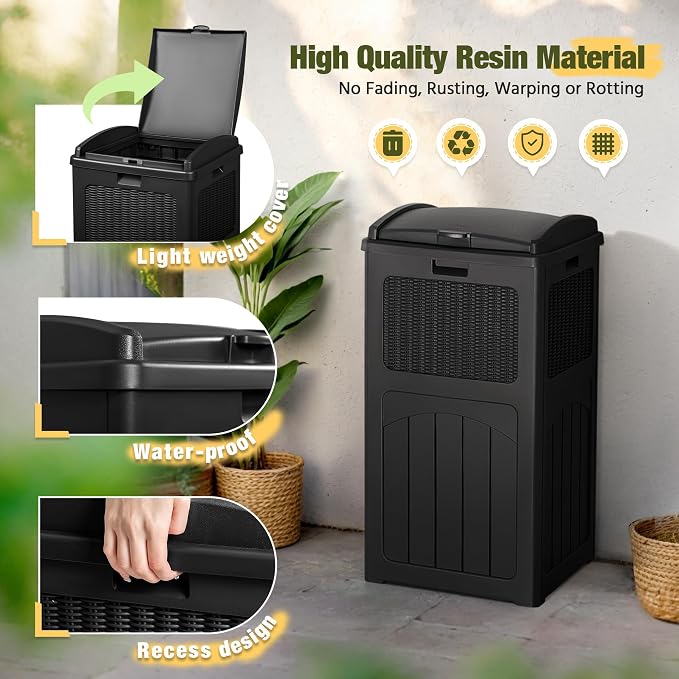 Devoko 33 Gallon Outdoor Trash Can with Dual Lid, Heavy Duty Waterproof Resin Garbage Bins Outside, Hideaway Waste Bins for Patio, Outside Pool, Backyard and Deck (2, Black) - Image 2