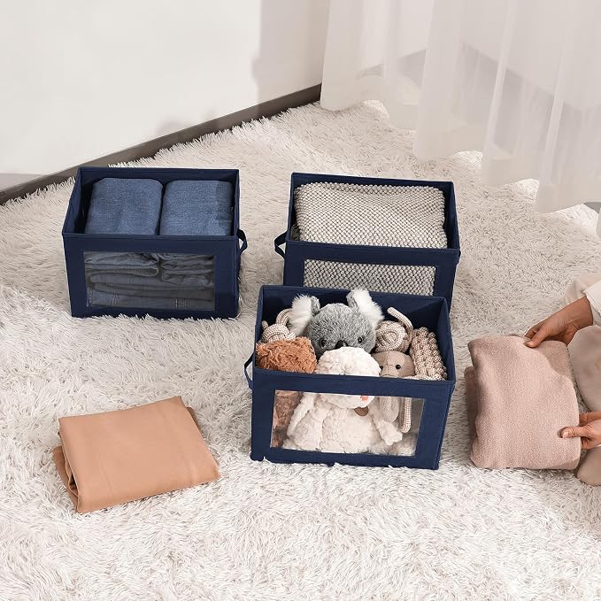 Homsorout Foldable Storage Boxes with Lids - Decorative Storage Boxes with Clear Window, Fabric Storage Baskets for Organizing, Closet Storage for Clothes, Yarn, Home, Navy Blue, 4-Pack - Image 7