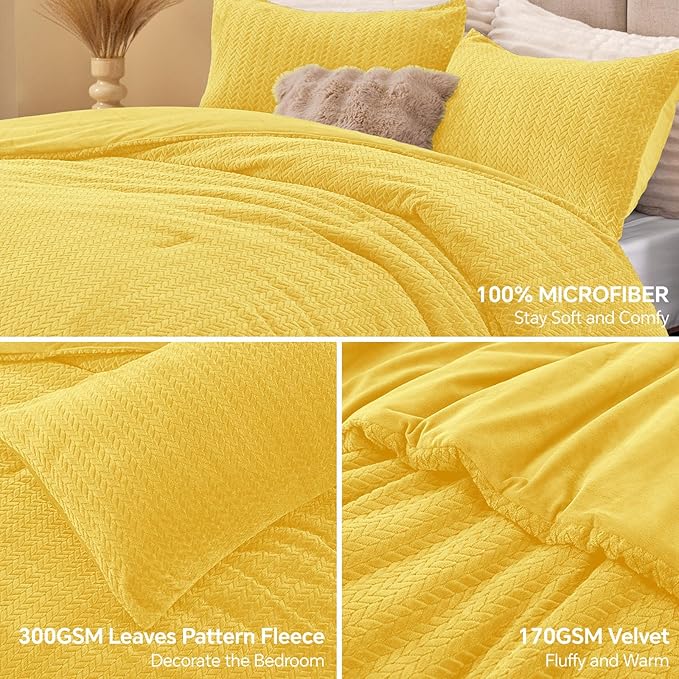 Flannel Fleece Queen Comforter Set - Furry Yellow Leaves Pattern Faux Fur Bed Set, Winter Ultra Soft Fuzzy Comfort Set, Velvet Bedding Set for Bed with 2 Pillow Cases