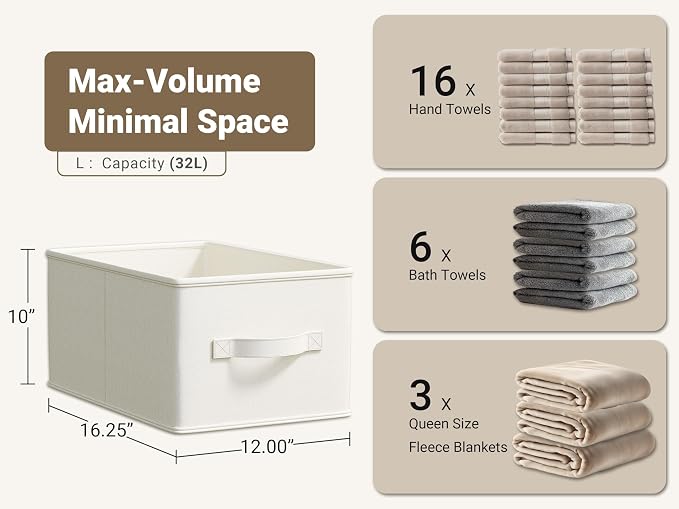LayerSpace 3 Pack Fabric Storage Bins for Shelves | 16.25x12x10in Closet | Collapsible Bins for Organization | Linen Clothes Storage Bins | White & Ivory - Image 3