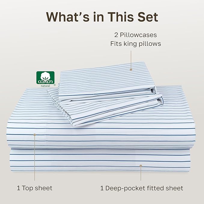 California Design Den Printed Striped Cal King Sheet Set - 600 Thread Count, 100% Cotton Sateen, Premium Deep Pocket California King Sheets - Classic Blue Stripe Print