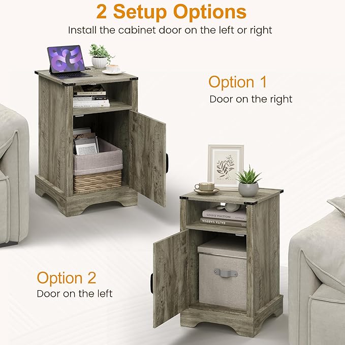 RoyalCraft 25" Tall Nightstands Set of 2, Farmhouse Nightstand with Charging Station, Large End Table with Storage, Wooden Rustic Bedside Table for Bedroom, Light Grey