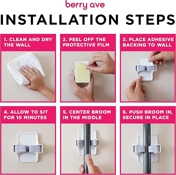 Combo 5 Slot Broom Holder w/ 1 Self Adhesive Mop Gripper No-Drilling, Wall Mount Tool Organizers For Kitchen, Garage, Laundry Room- Anti-Slip Hanger For Brooms, Mops, Rakes, Dustpans (Grey / White) - Image 6