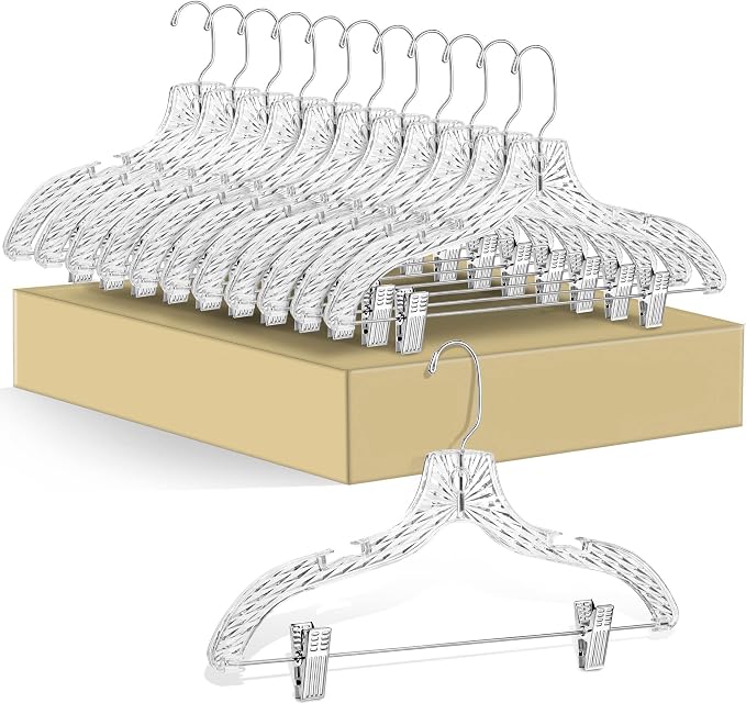 Quality Clear Plastic Skirt Hangers - 12 Pack Crystal Cut for Skirt, Pant, Dress, Suit, Coat Hangers Heavy Duty & Nonslip Design Asujtable Clips, Swival Hook, 17" inch (12, Crystal Skirt) by QualityHangers