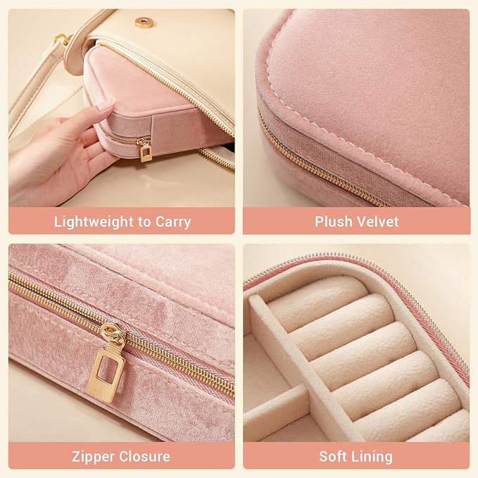 CASEGRACE Plush Velvet Travel Jewelry Box, Portable Jewelry Case for Women Girls, Double Layer Jewelry Organizer Display Box for Necklace Earring Rings Bracelet, Travel Accessory Gifts, Pink - Image 5