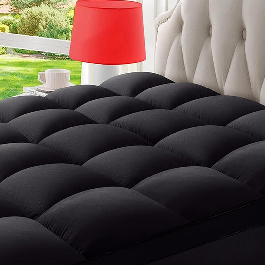 California King Mattress Topper Extra Thick Pillowtop Cooling Mattress Topper Plush Mattress Pad Cover Protector with 8-21 Inch Deep Pocket Black