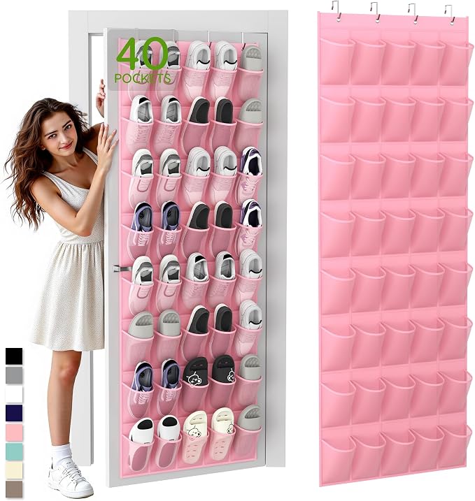 Unjumbly Over the Door Shoe Organizer with 40 Large Breathable Mesh Pockets, Space Saving Shoe Holder, Hanging Shoe Rack for Entryway Bedroom Closet Storage (Pink, 40 Pockets) by Unjumbly