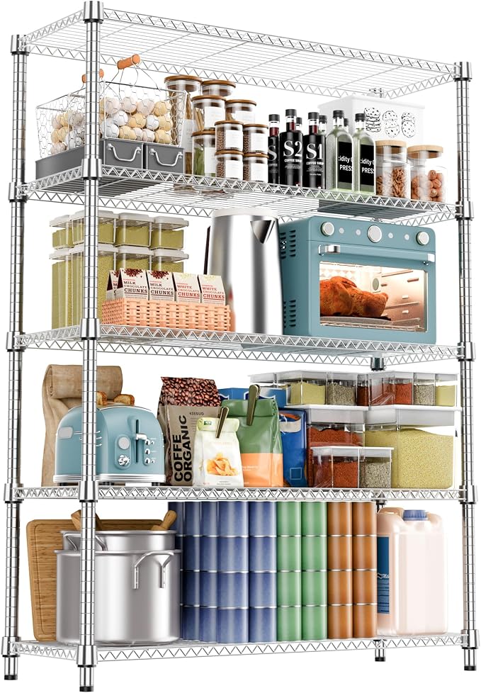 M MZG 1750LBS 47.2" W 5 Tiers Shelf Steel Storage Shelves Metal Shelving Unit Steel Organizer Wire Rack for Home,Kitchen,Office,Garage Chrome 17.7" D x 47.2" W x 72.4" H by MEIGAOPLASTICANDMETALHKCOLIMITED
